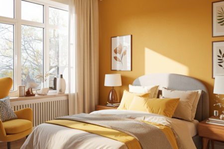 A cozy bedroom with a dominant yellow accent wall. A bed with beige and yellow bedding is centrally placed, flanked by two bedside tables with lamps and decorative items. A large window on the left allows sunlight to pour in, illuminating the room. A yellow chair with a patterned cushion sits near the window, and a gray rug with a white abstract design lies beneath the bed. On the right wall, there are three framed botanical illustrations. The room exudes warmth and comfort.