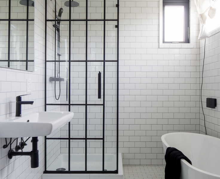 A modern bathroom with white tiles. On the left, there's a wall-mounted sink with a black faucet. Adjacent to it is a glass-enclosed shower area with a black frame. Above the sink, there's a rectangular mirror. On the right, there's a freestanding bathtub with a white finish. The floor is also covered in white tiles, and there's a black towel placed near the bathtub. A window with a curtain is visible on the top right, allowing natural light to illuminate the space.