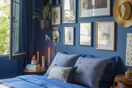 A photo of a cozy bedroom with a deep blue wall. The bed has blue bedding and patterned pillows, and is adorned with a multicolored blanket. To the left, a window lets in natural light and reveals greenery outside. Above the bed hangs a unique woven lantern. The wall behind the bed is decorated with multiple framed pictures, including a sunset scene and various artworks. On the right, a wooden cabinet holds a hat and some decorative items. A small table beside the bed holds a candle and a few books.