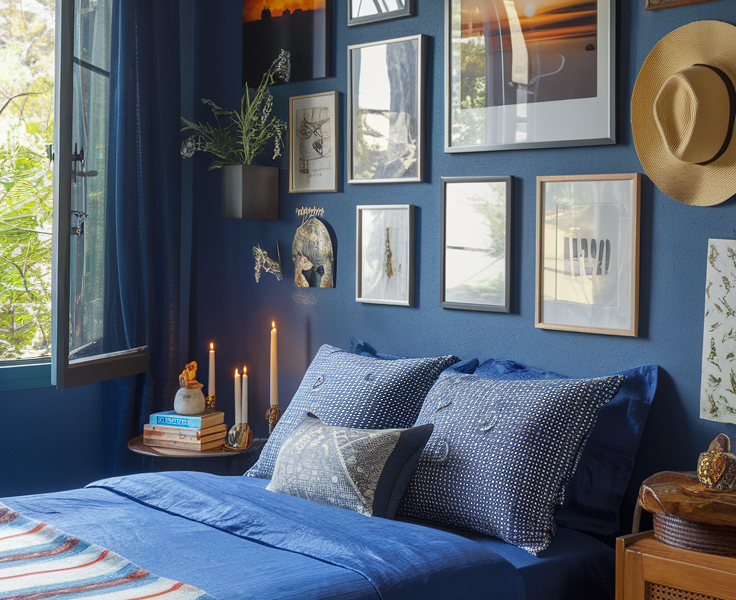 A photo of a cozy bedroom with a deep blue wall. The bed has blue bedding and patterned pillows, and is adorned with a multicolored blanket. To the left, a window lets in natural light and reveals greenery outside. Above the bed hangs a unique woven lantern. The wall behind the bed is decorated with multiple framed pictures, including a sunset scene and various artworks. On the right, a wooden cabinet holds a hat and some decorative items. A small table beside the bed holds a candle and a few books.