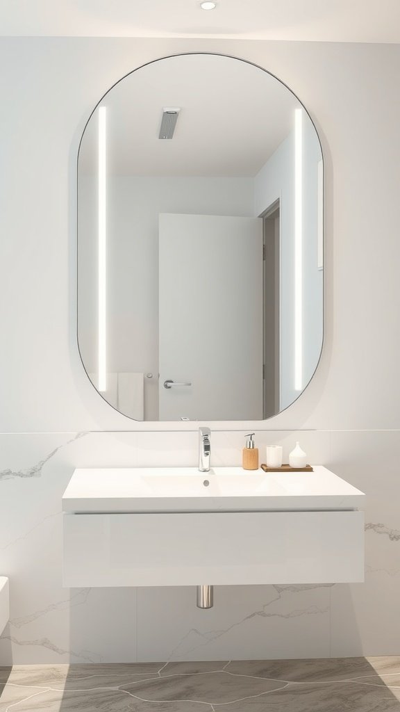 A modern bathroom featuring a stylish oval mirror with integrated lighting above a sleek sink and cabinet.
