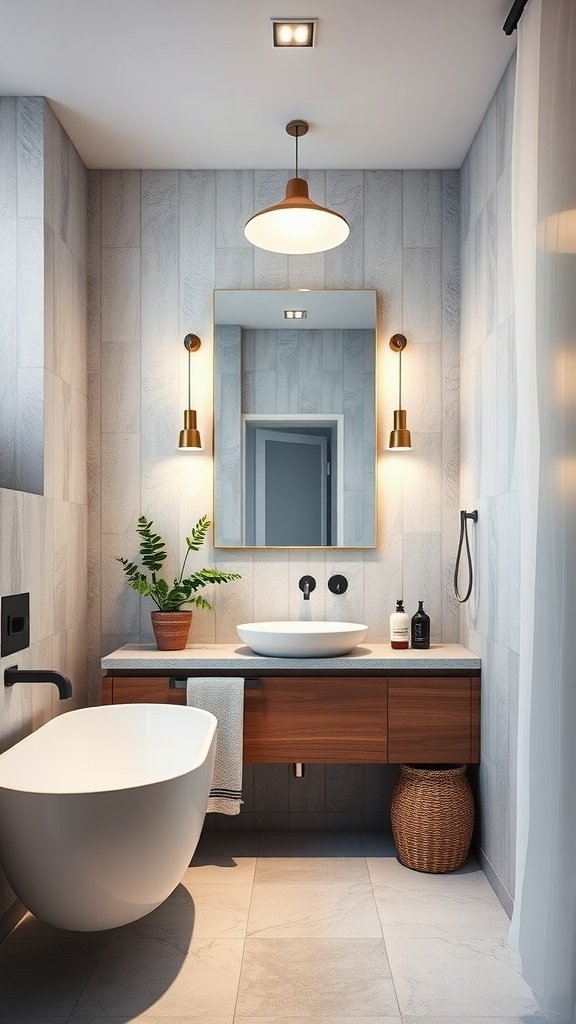 A modern bathroom featuring bold lighting fixtures, a wooden vanity, and a freestanding bathtub.