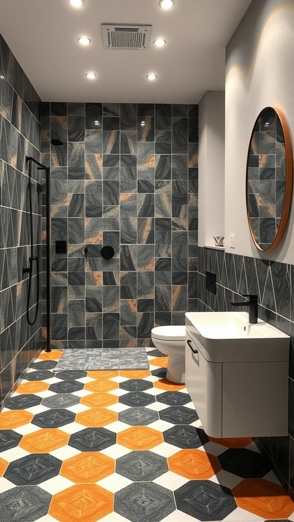 Modern bathroom with bold geometric tile patterns on the walls and floor, featuring a sleek white vanity and dark accents.