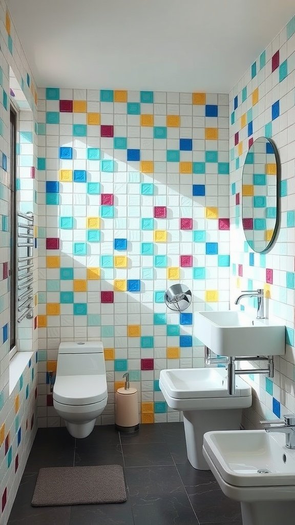 A modern bathroom featuring colorful glass tile accents in blue, yellow, and pink arranged on white tiles.