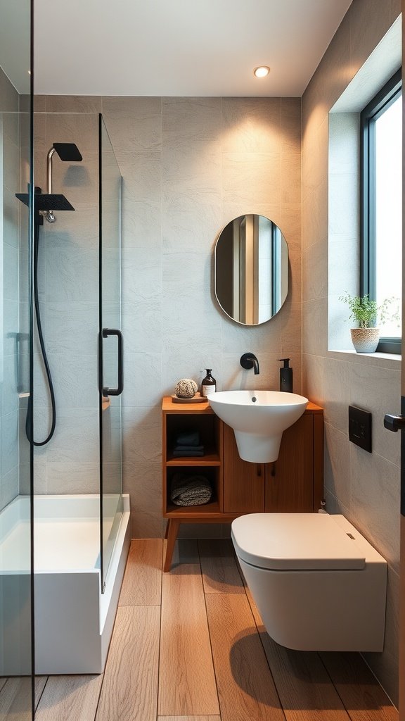 Modern compact bathroom with a glass shower, wall-mounted sink, and wooden storage.