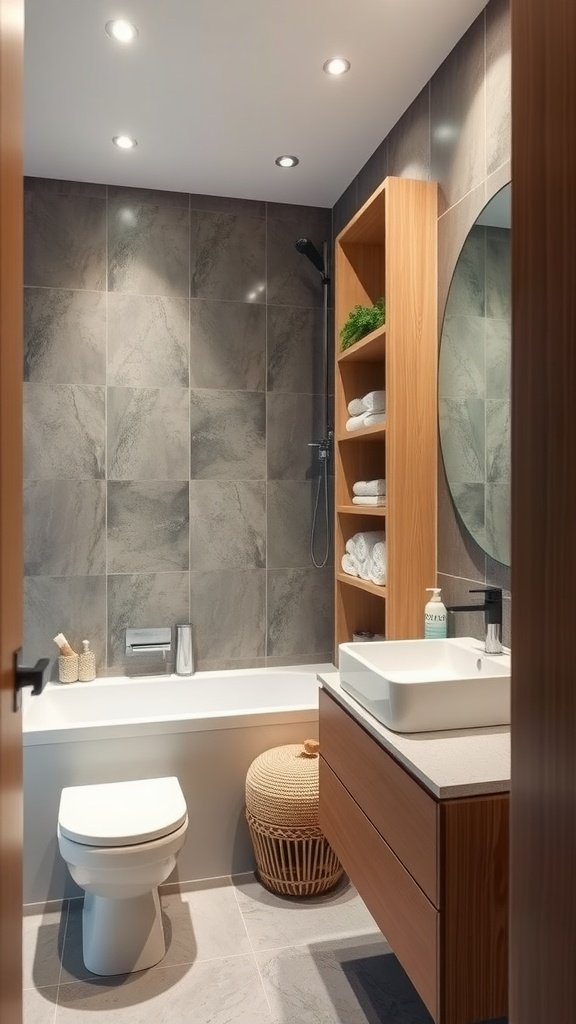 A modern bathroom with custom wooden storage solutions, featuring a floating vanity and open shelving.