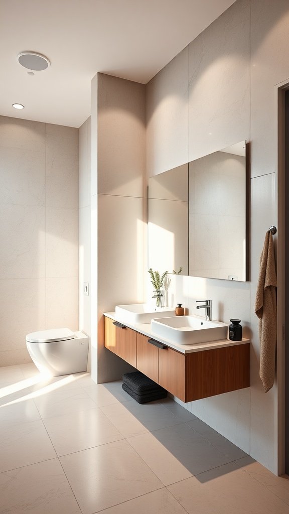 Modern bathroom with dual sinks and wooden vanity