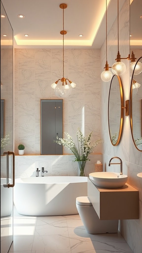 A modern bathroom featuring elegant lighting fixtures, including pendant lights and recessed lighting, with stylish decor.