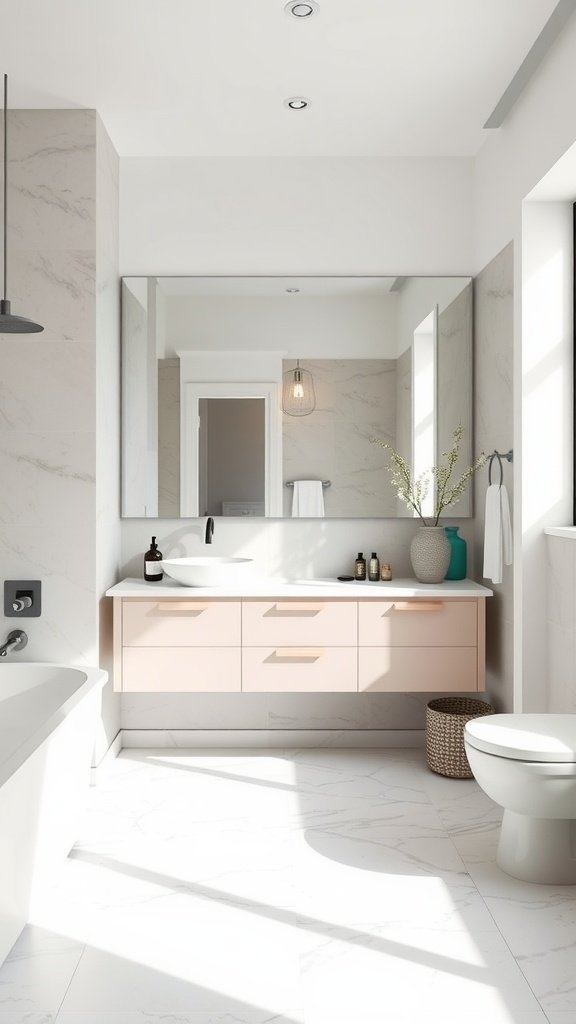 Modern bathroom featuring a floating vanity with a round sink, neutral colors, and bright lighting.