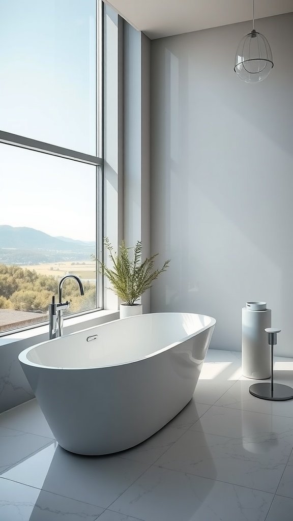 A modern freestanding bathtub in a well-lit bathroom with large windows and a scenic view.