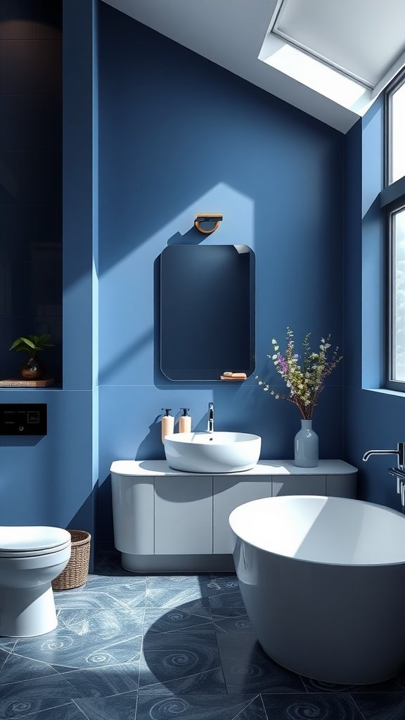 Bathroom with deep blue walls, white fixtures, and natural light