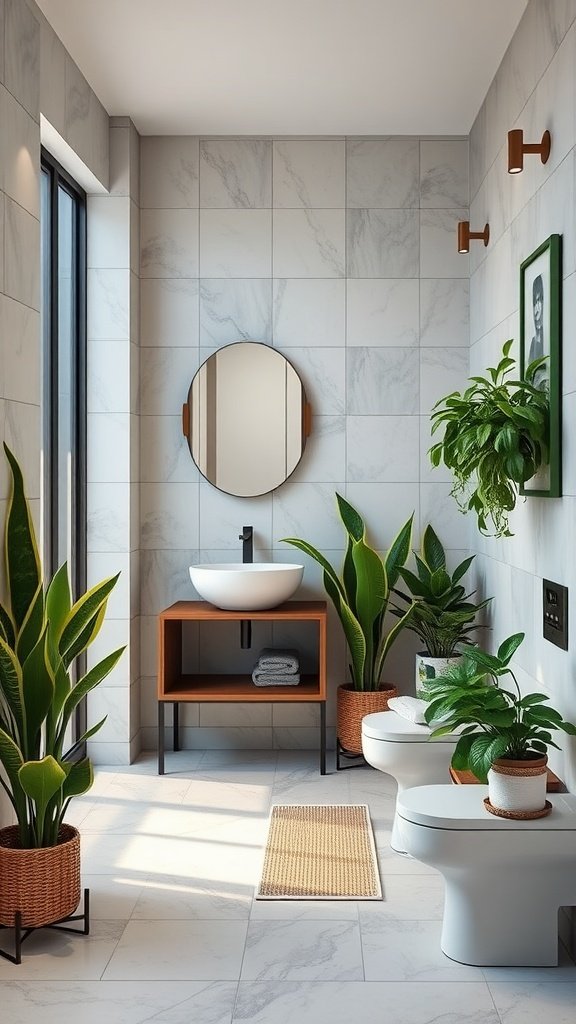 Modern bathroom with indoor plants, featuring a sleek vanity, mirror, and natural light.