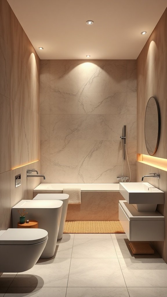 Modern bathroom with integrated lighting, featuring recessed lights and warm accent lighting.