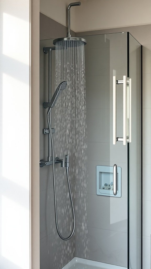 A modern bathroom featuring a luxurious rain showerhead with a handheld option, enclosed in glass.