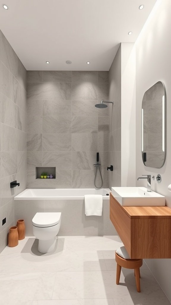 A modern minimalist bathroom featuring gray tiles, wooden vanity, and sleek fixtures.