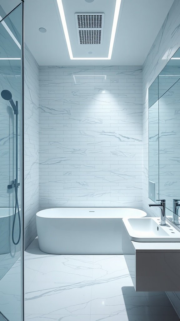A modern bathroom featuring a sleek design with a freestanding tub, glass shower, and bright lighting.