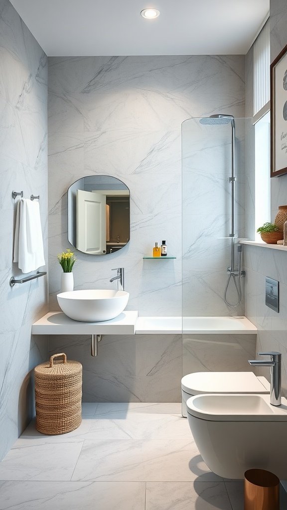 Modern bathroom featuring a round mirror, wall-mounted faucet, minimalist sink, woven basket, and glass shower partition.