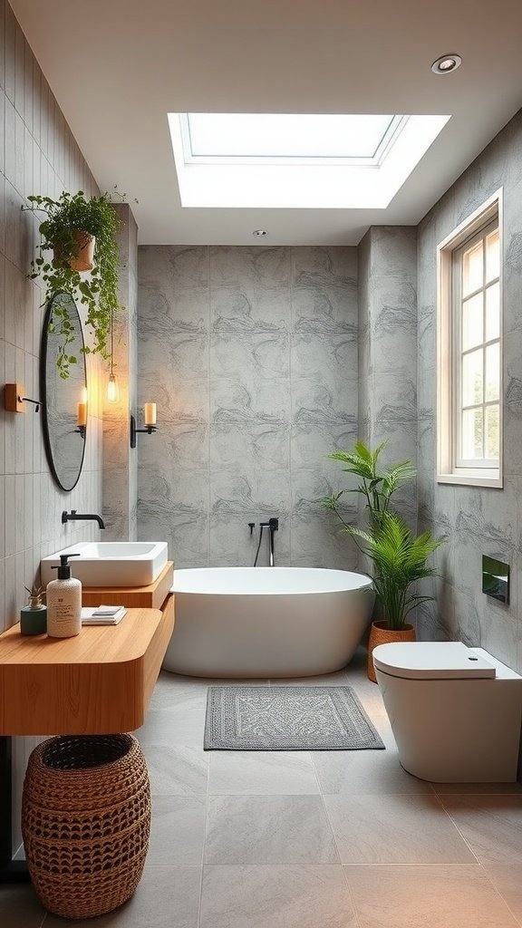 A modern bathroom featuring a skylight, wooden vanity, and plants for a sustainable design.