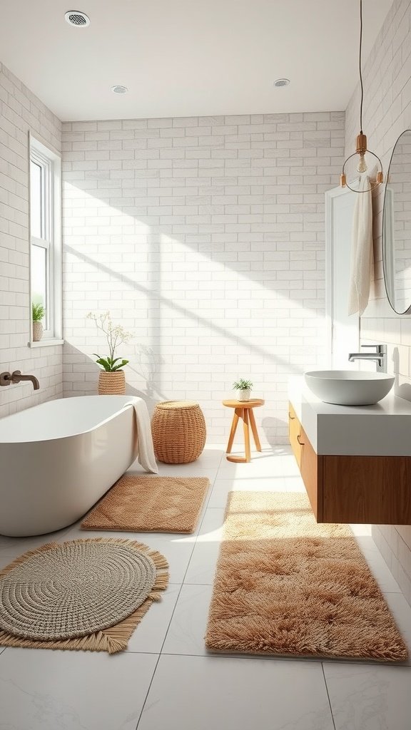 A modern bathroom featuring textured rugs and mats with natural colors.