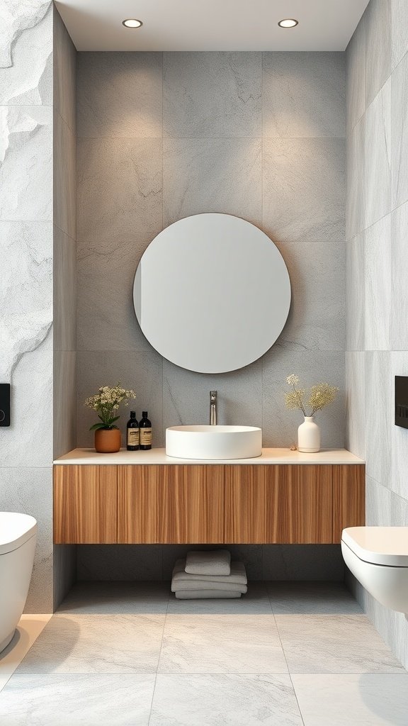 Modern bathroom featuring textured wall treatments with a circular mirror and wooden vanity.