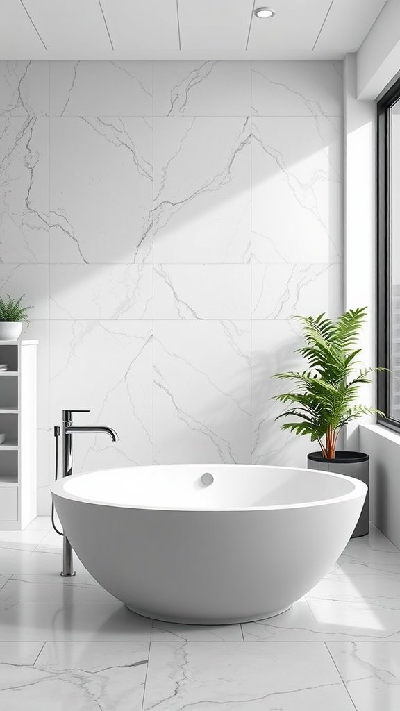 Modern bathroom featuring a round white bathtub against a marble wall with plants.