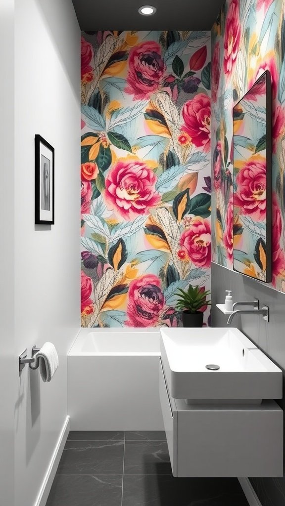 A modern bathroom featuring a vibrant floral accent wall with pink roses and green leaves, contrasted by minimalist fixtures and a sleek design.