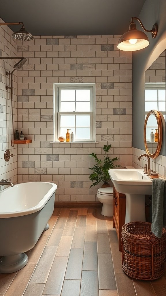 A vintage-inspired bathroom featuring a freestanding tub, subway tile walls, modern fixtures, and warm wood accents.